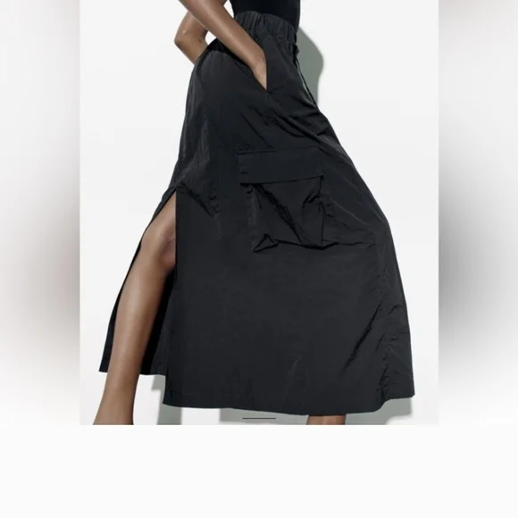 Zara Black Maxi Skirt with Pockets NWOT High Waisted Flowy Long Skirt Minimal L - Picture 2 of 4